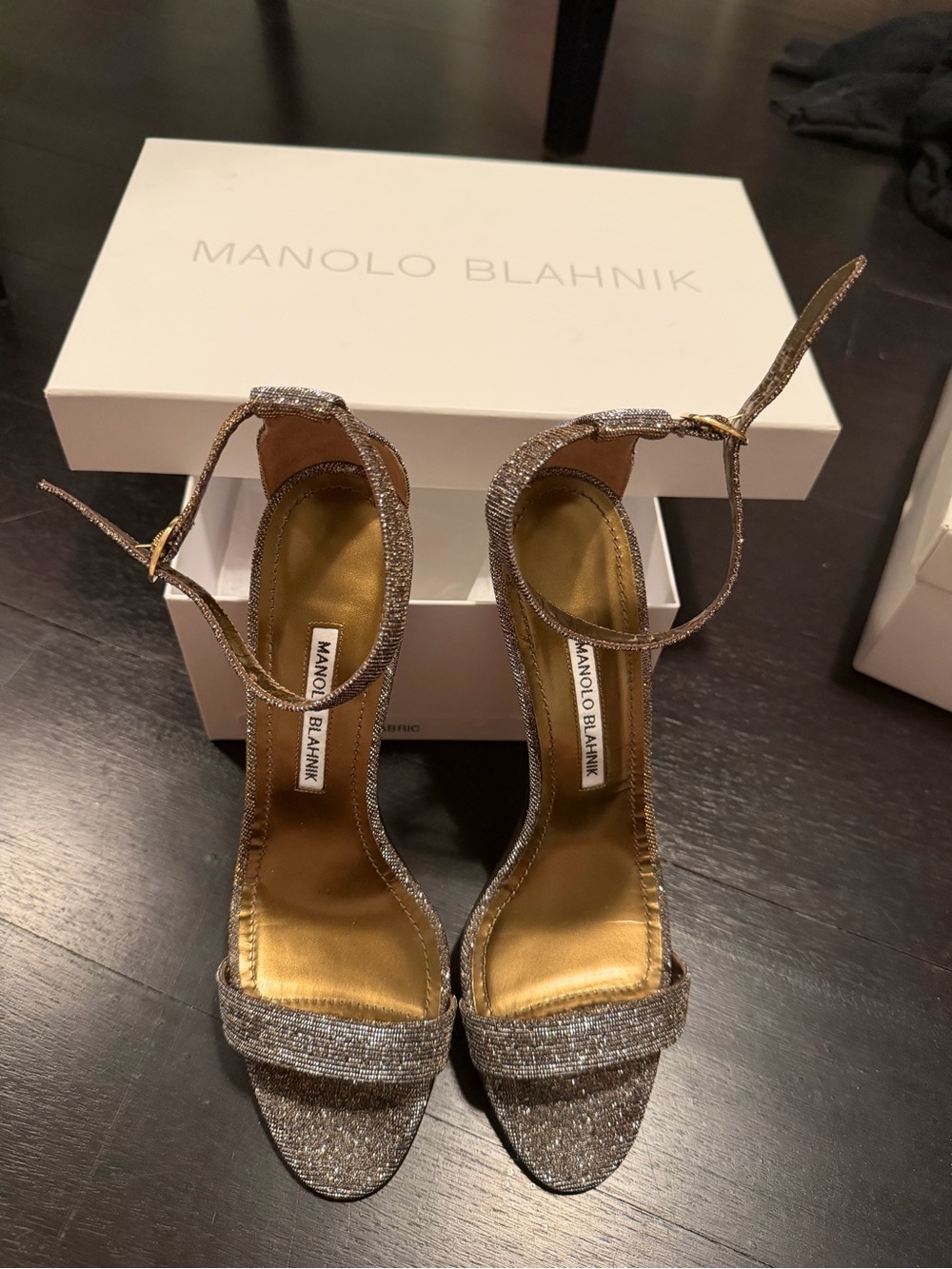 Manolo Blahnik Gold Glitter Ankle-Strap Sandals